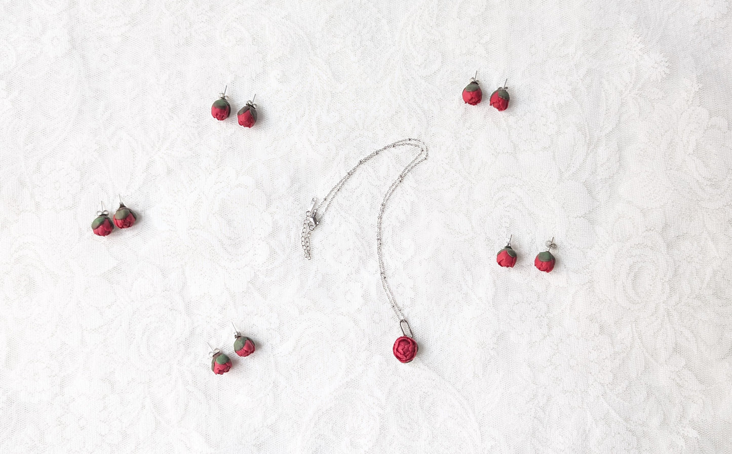 Handmade Red Peony Studs