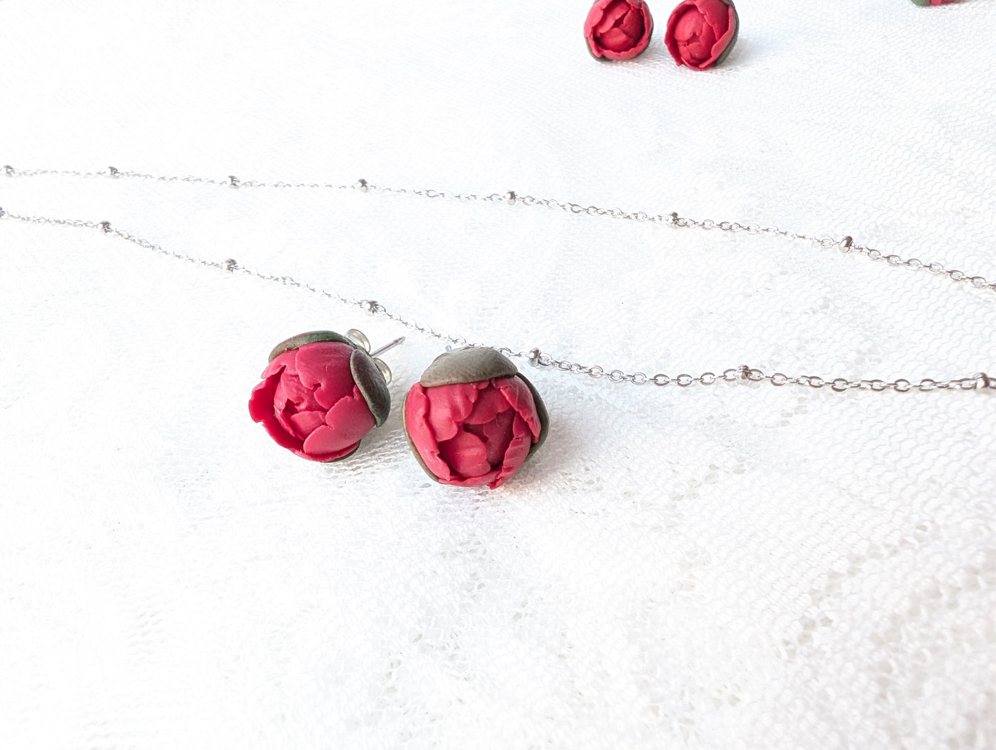 Handmade Red Peony Studs