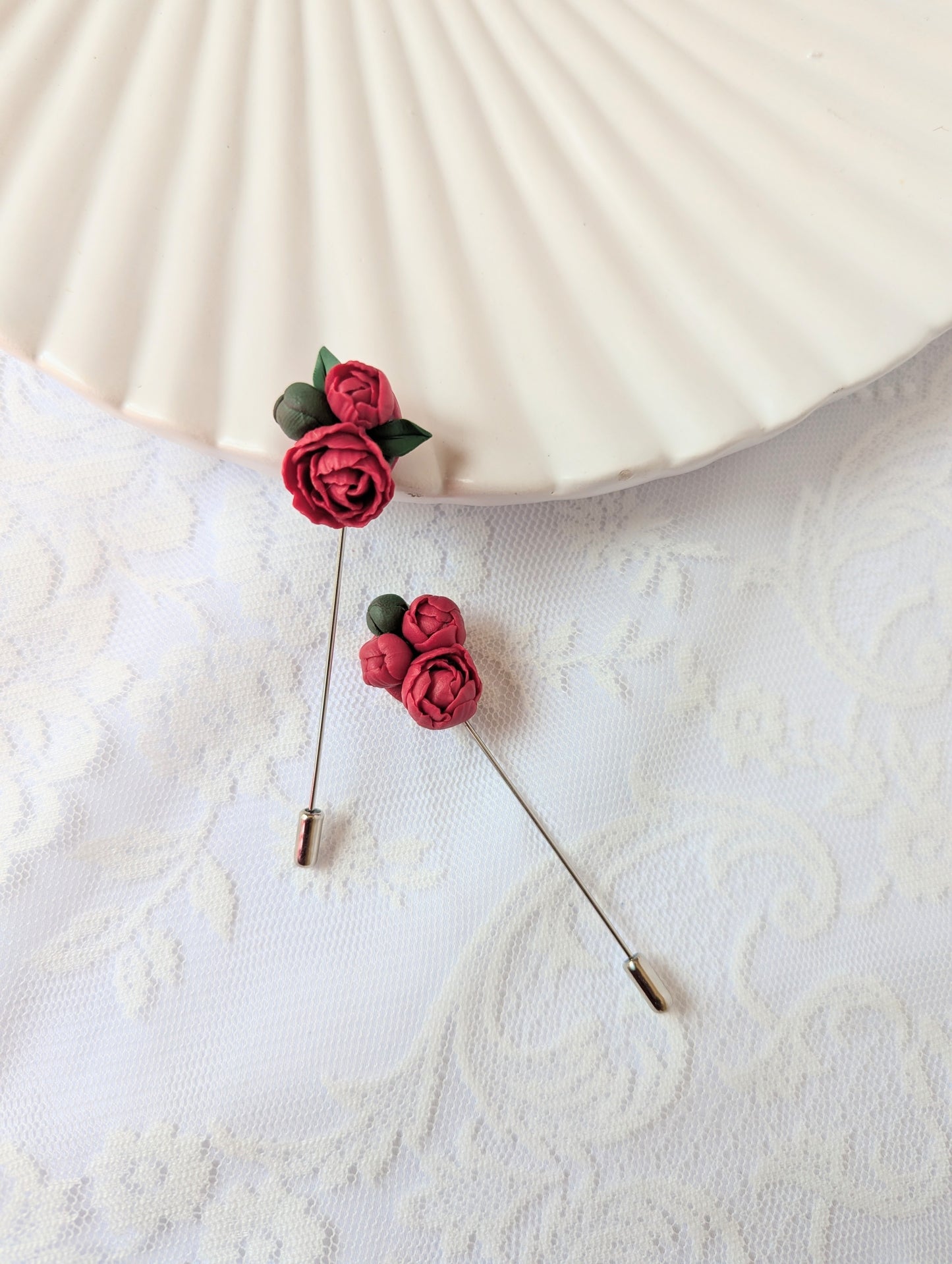 Handmade Polymer Clay Red Peony Brooch