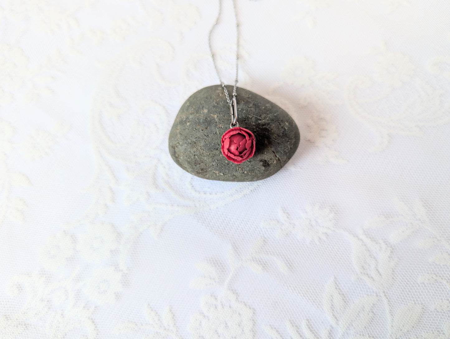 Handmade Polymer Clay Peony Pendant