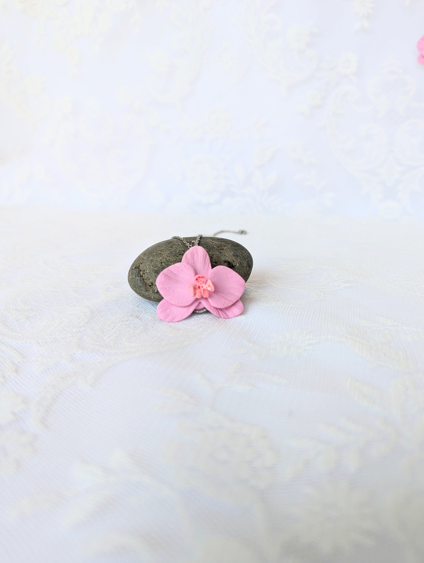 Handmade Polymer Clay Pink Orchid Pendant