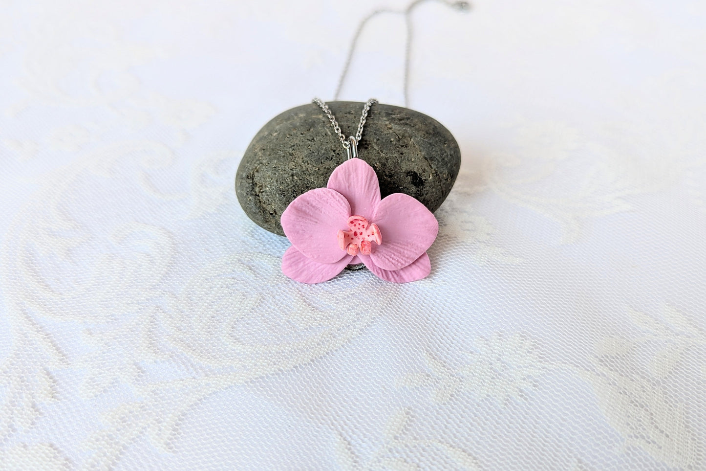Handmade Polymer Clay Pink Orchid Pendant