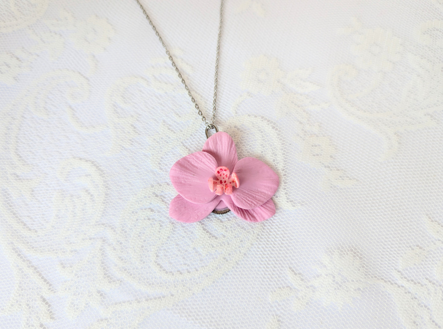 Handmade Polymer Clay Pink Orchid Pendant