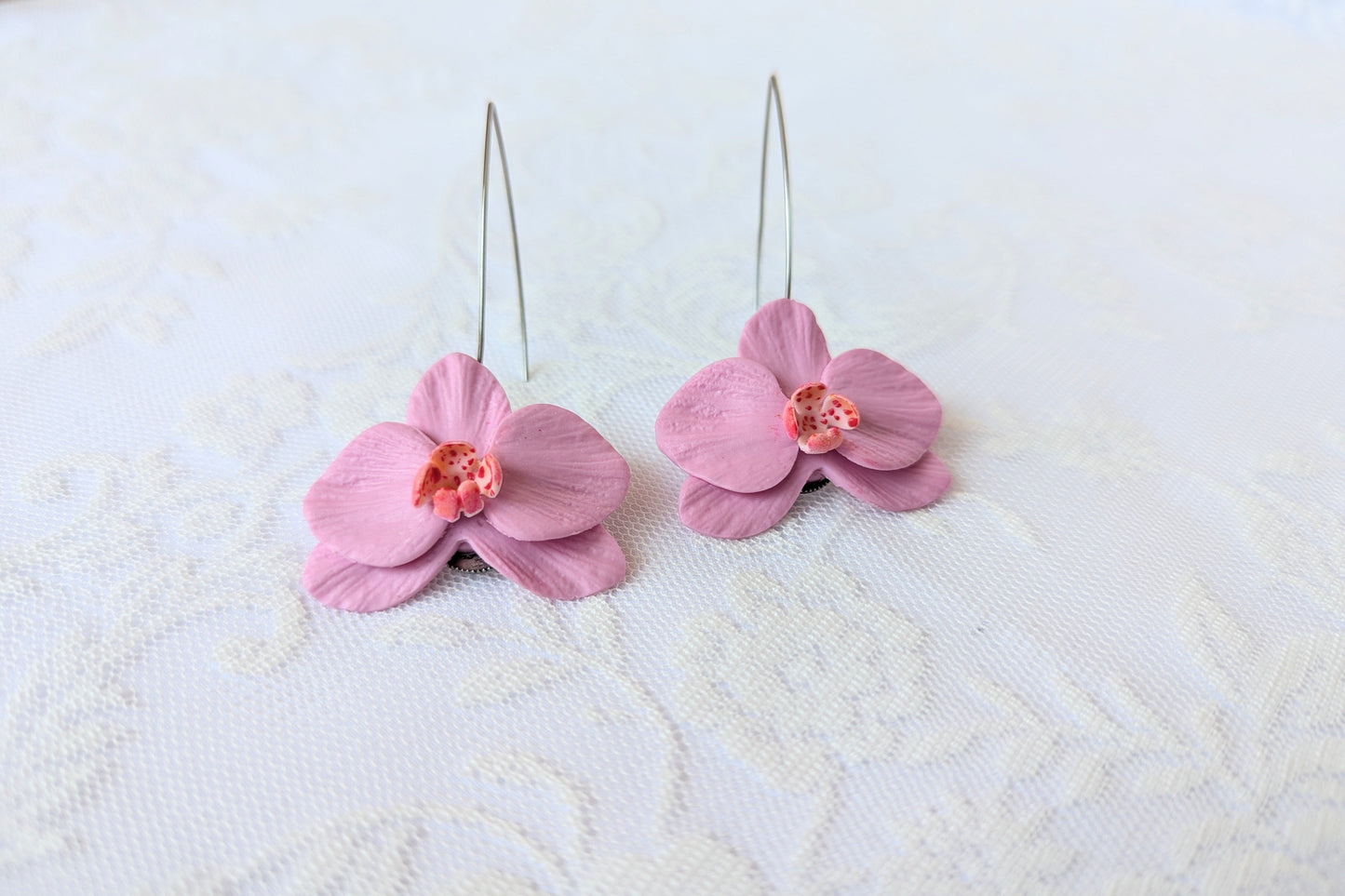 Handmade Polymer Clay Pink Orchid Earrings
