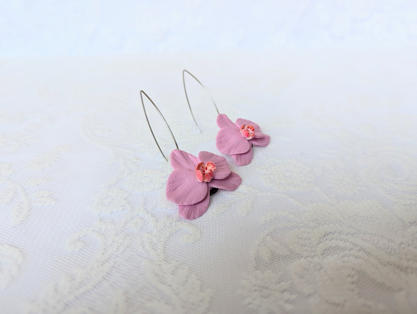 Handmade Polymer Clay Pink Orchid Earrings