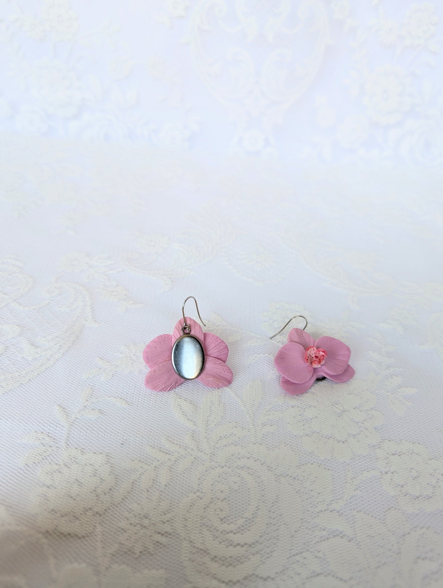 Handmade Polymer Clay Pink Orchid Earrings