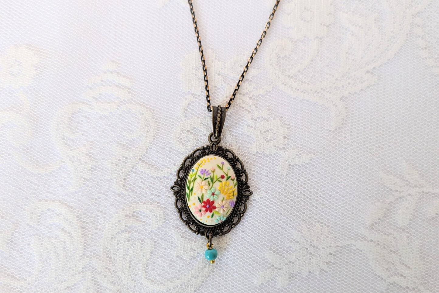 Handmade Polymer Clay White Floral Pendant