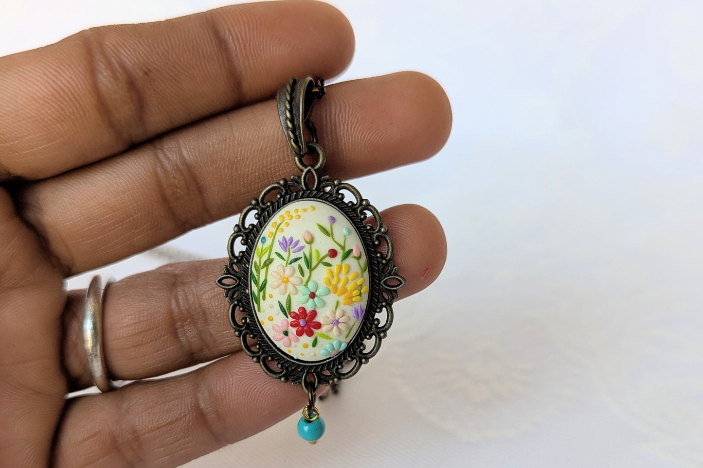 Handmade Polymer Clay White Floral Pendant
