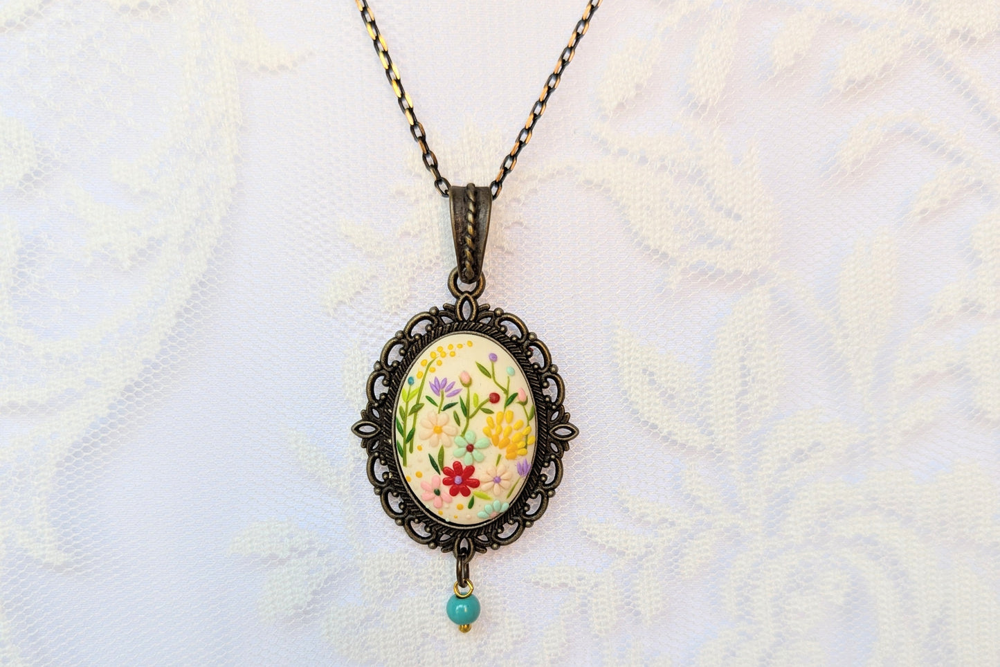 Handmade Polymer Clay White Floral Pendant