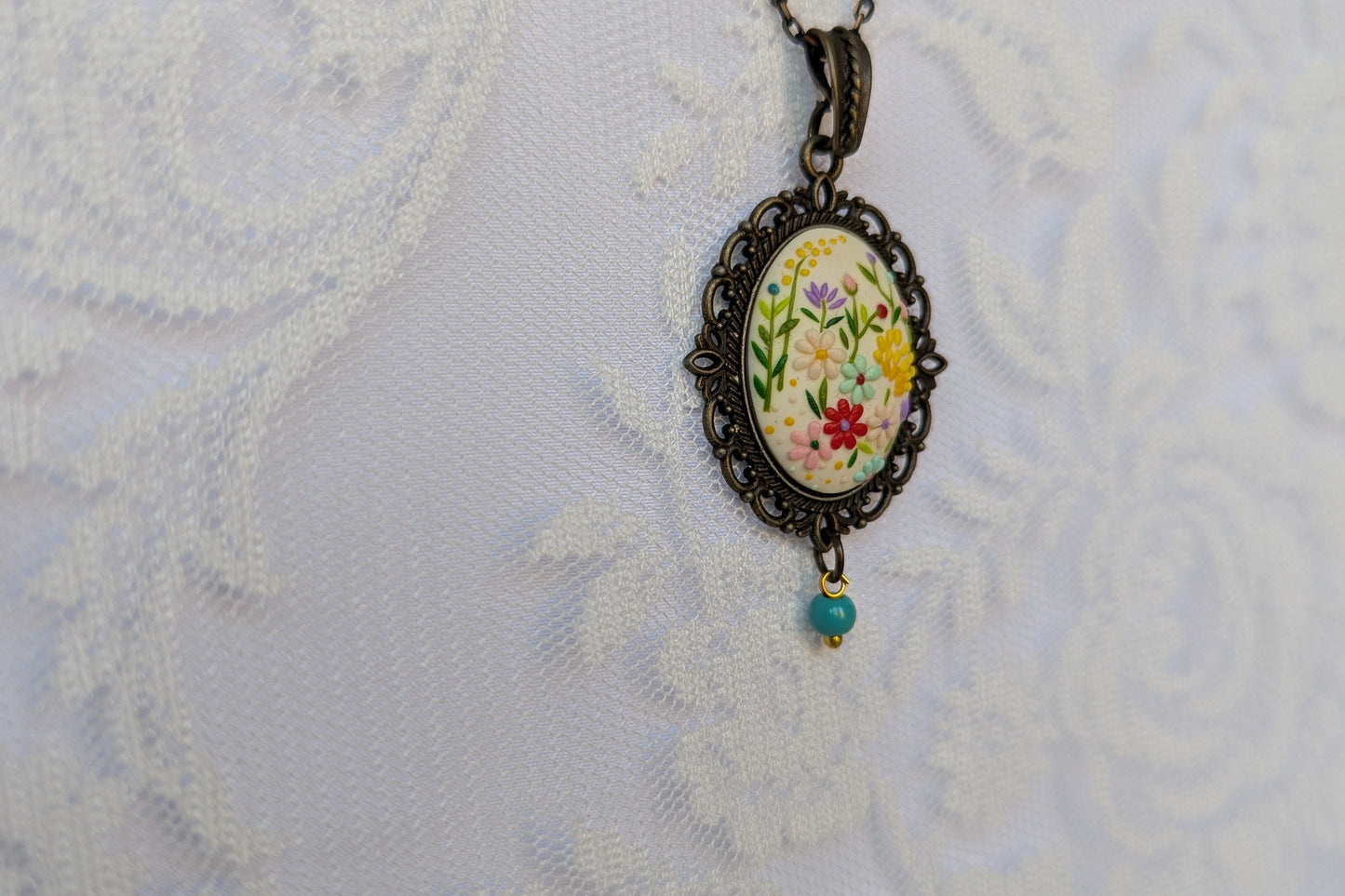 Handmade Polymer Clay White Floral Pendant