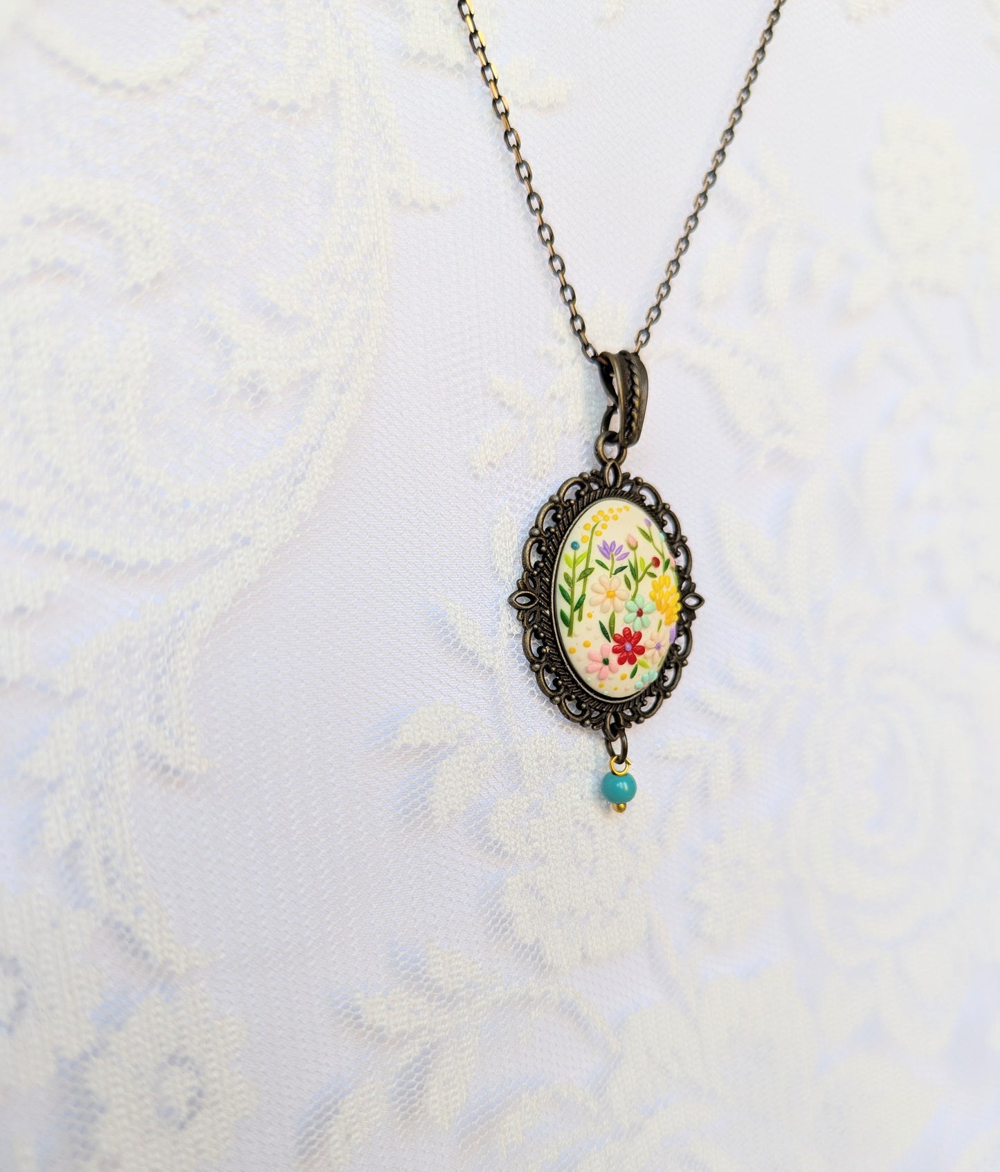 Handmade Polymer Clay White Floral Pendant