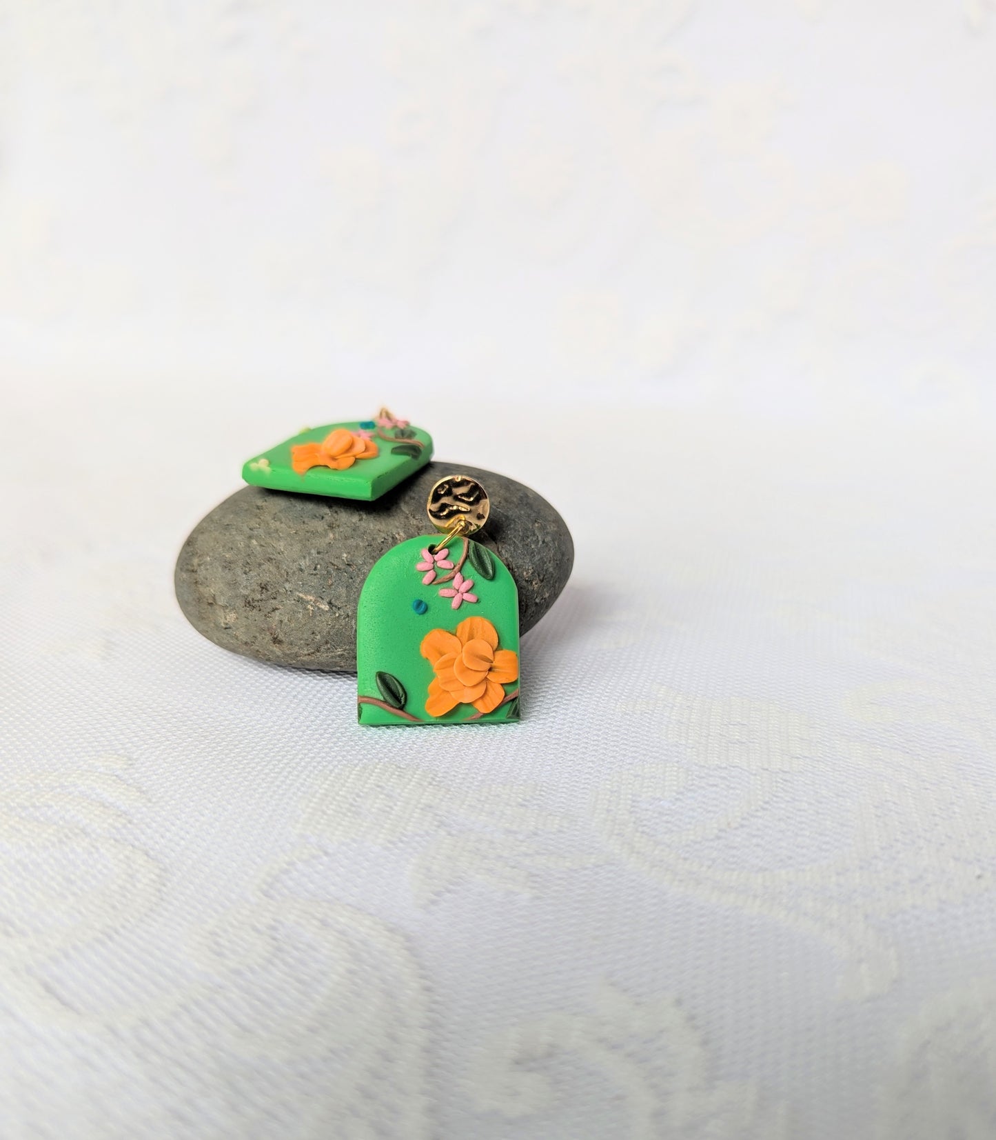 Handmade Floral Earrings on Green base with Orange flowers