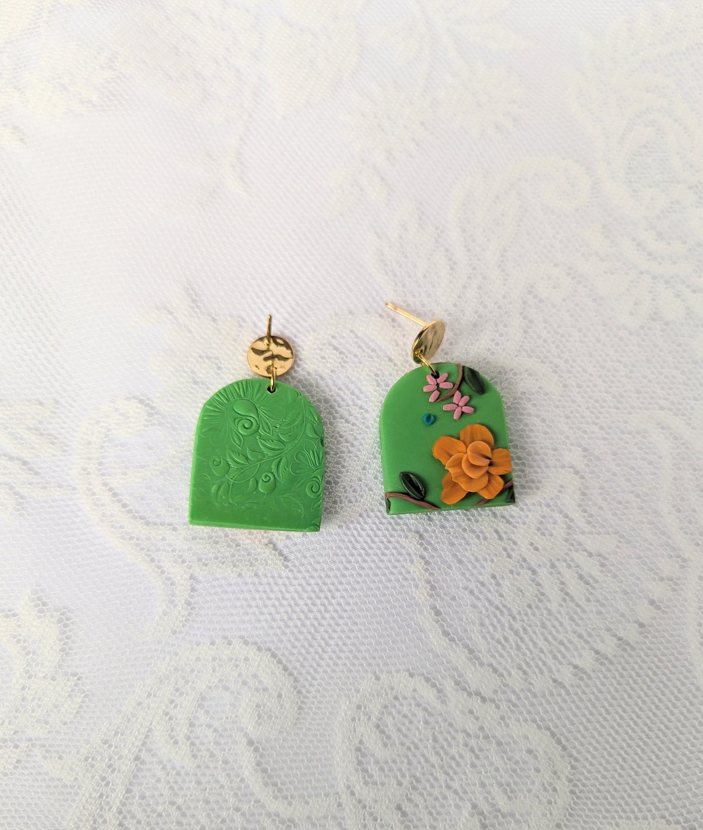 Handmade Floral Earrings on Green base with Orange flowers