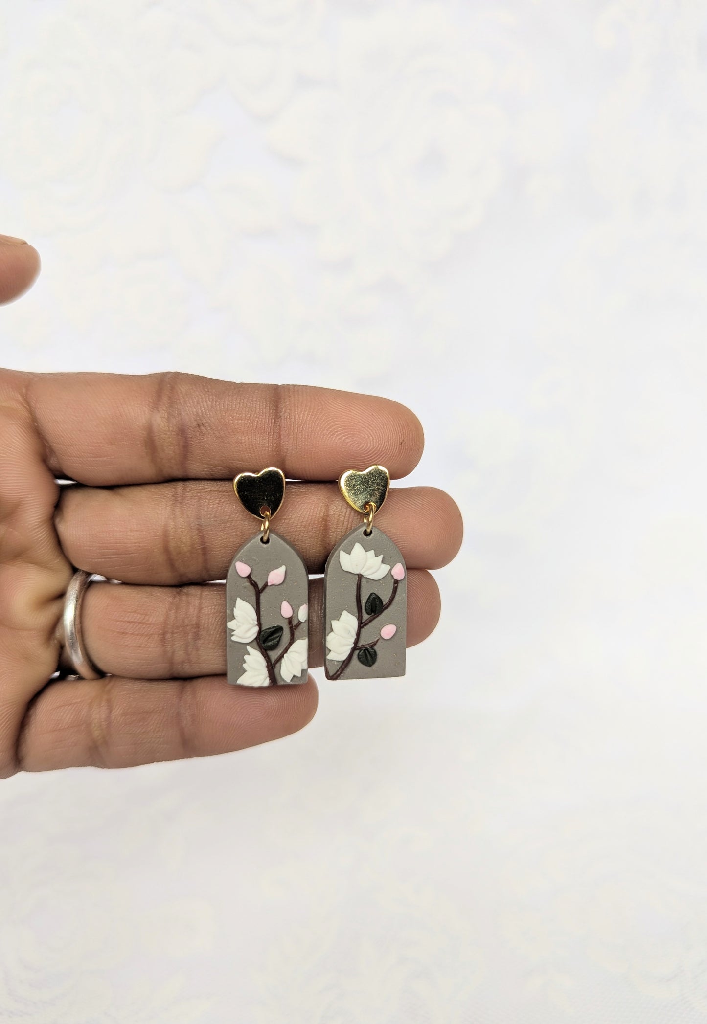 Handmade Floral Earrings on Grey base