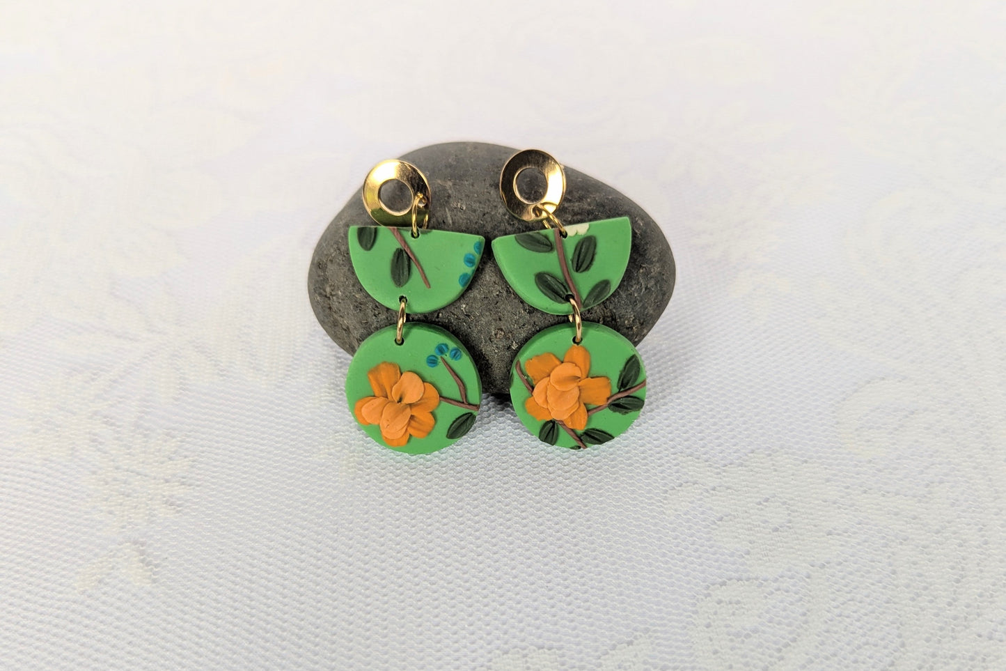 Handmade Floral Earrings on Green base with Orange flowers variant 2