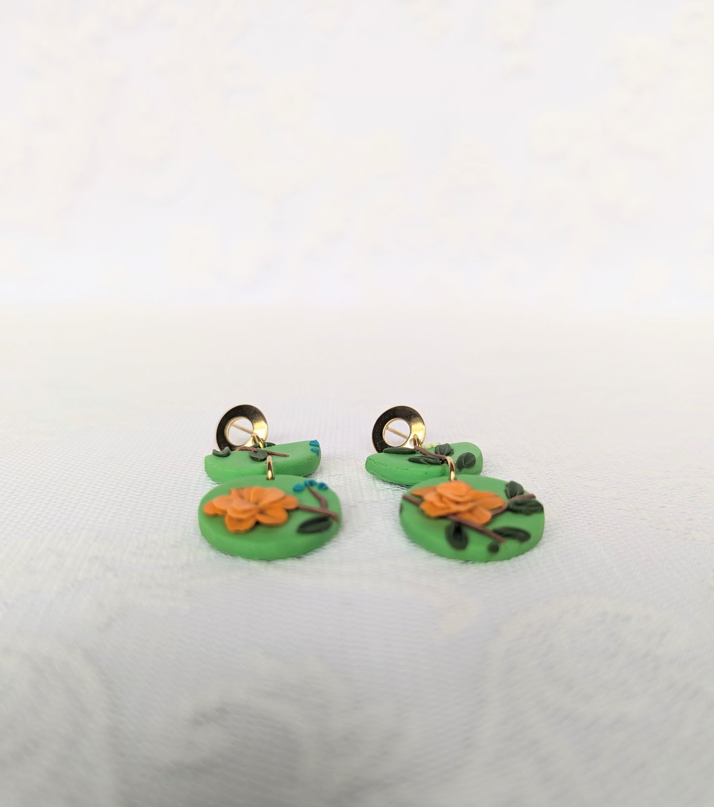 Handmade Floral Earrings on Green base with Orange flowers variant 2