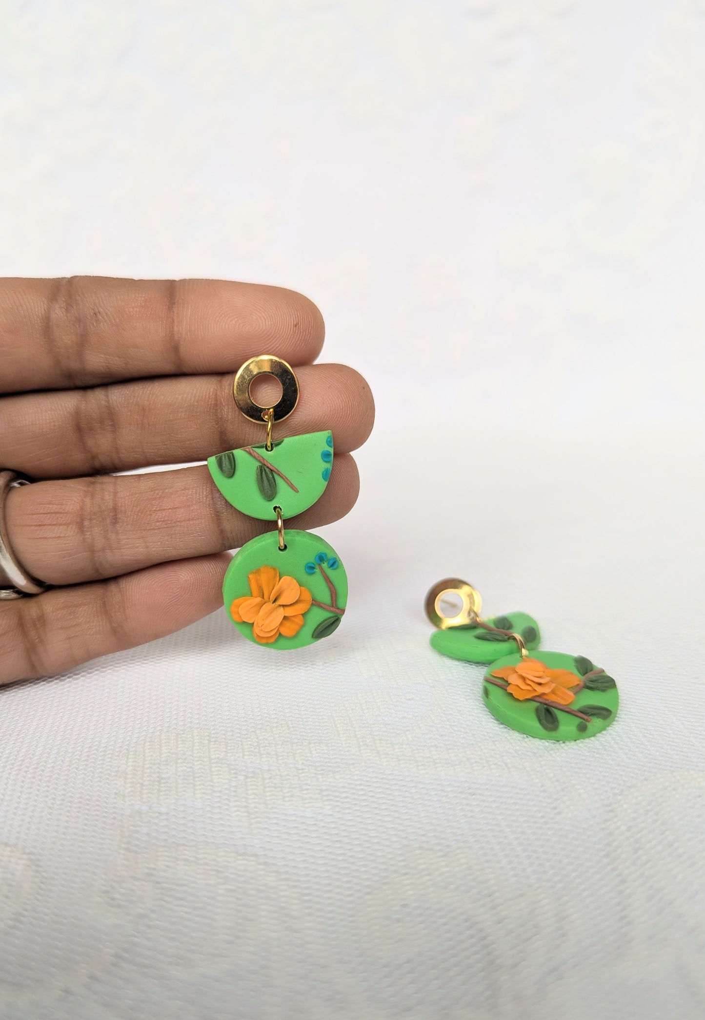 Handmade Floral Earrings on Green base with Orange flowers variant 2