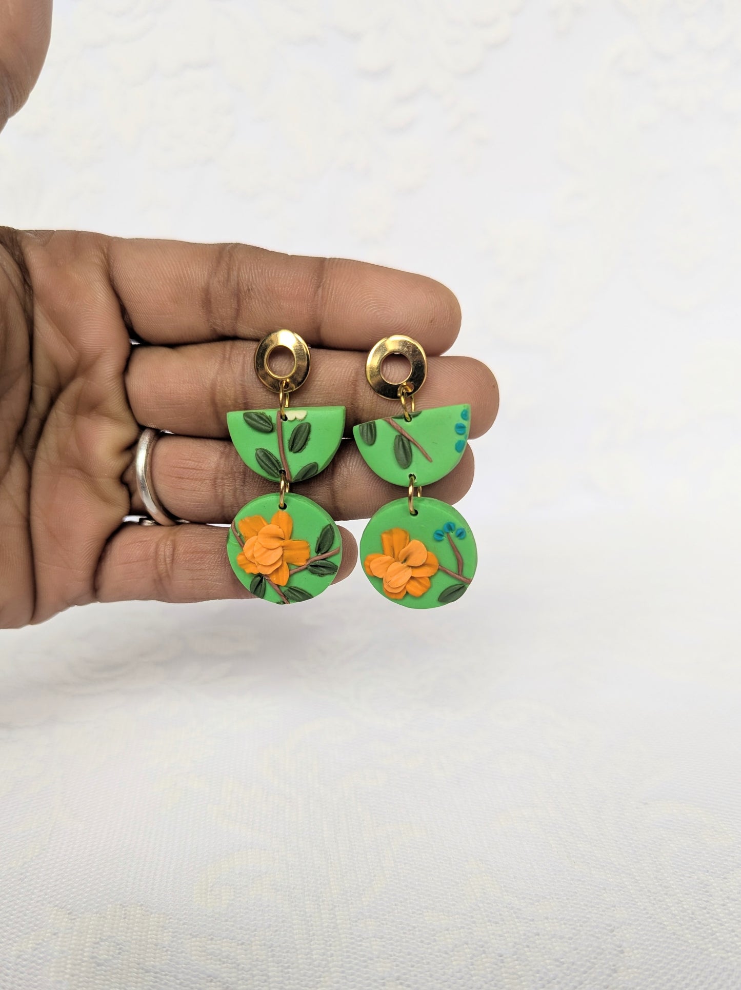 Handmade Floral Earrings on Green base with Orange flowers variant 2