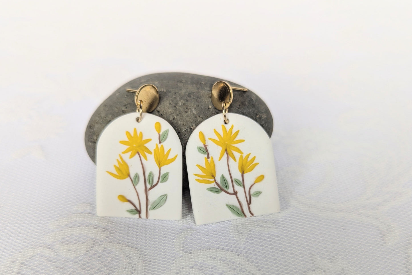 Handmade White Floral Earrings with Yellow flower