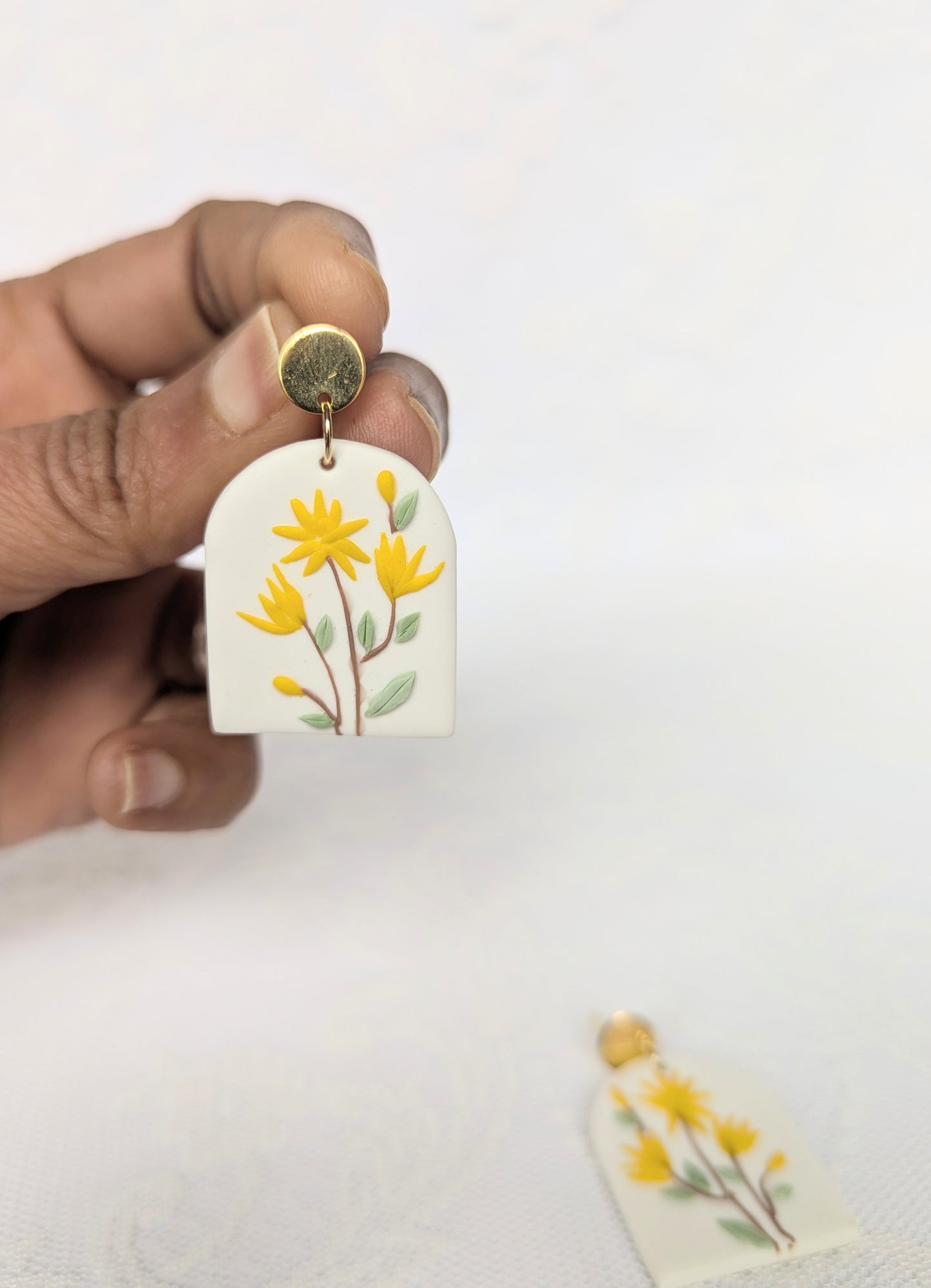 Handmade White Floral Earrings with Yellow flower