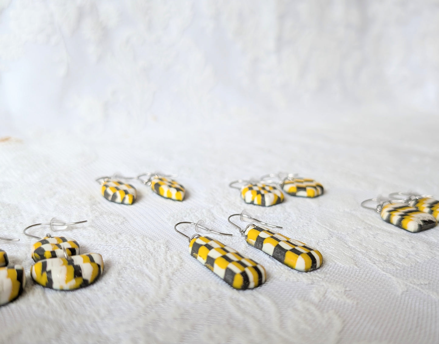 Handcrafted Yellow and Black Checkerboard Polymer Clay Earrings