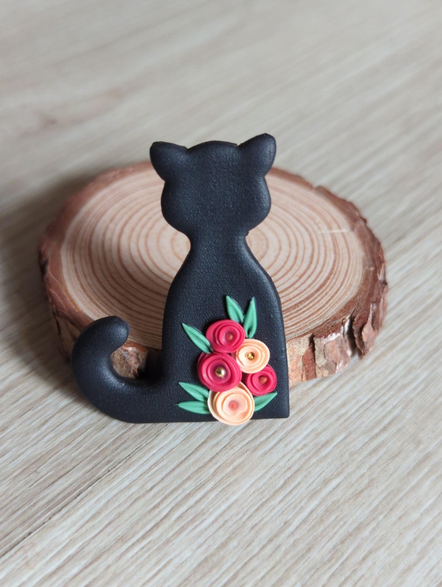 Handmade Cat brooch with floral design
