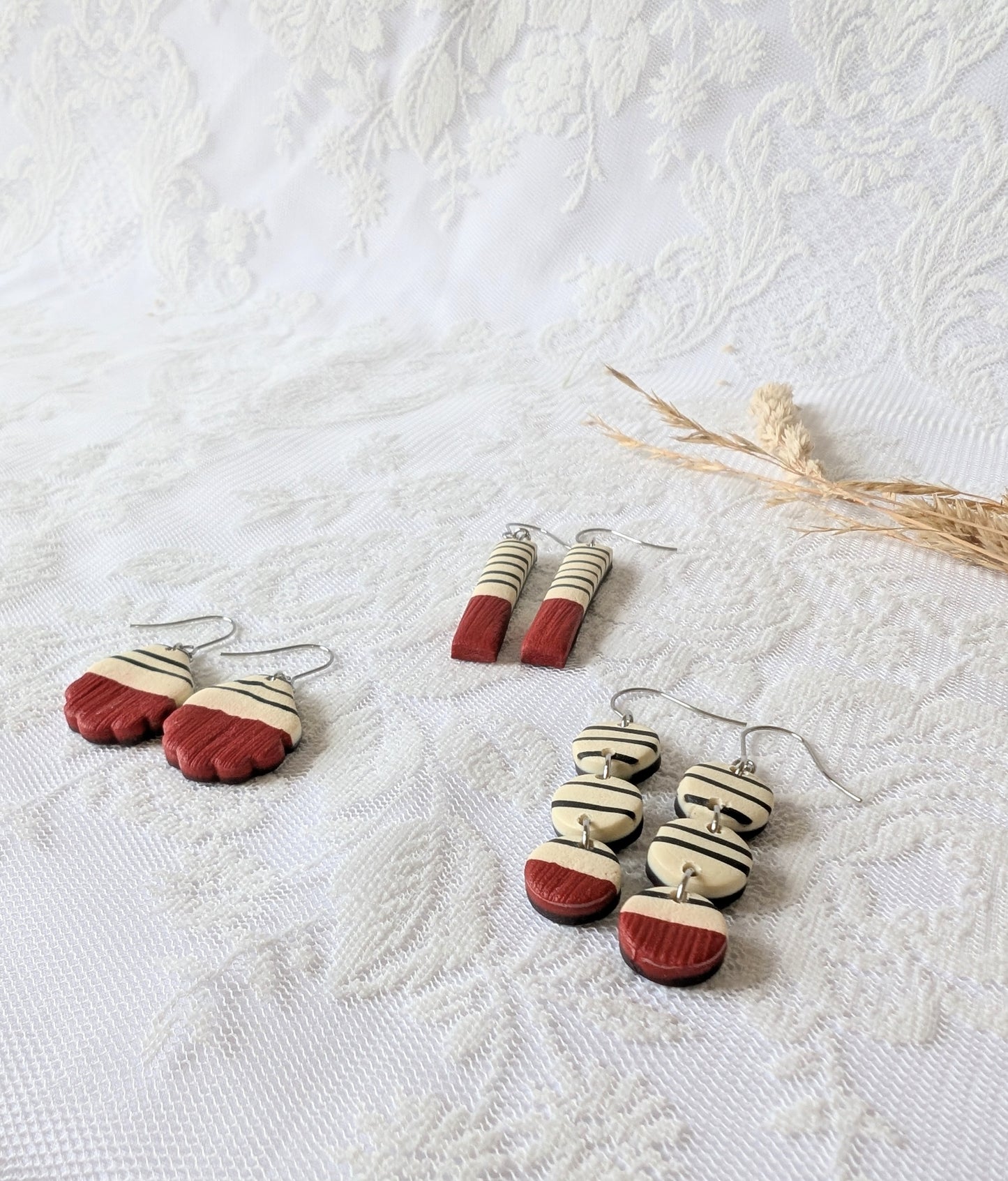 Cream, terracotta red and black statement earrings