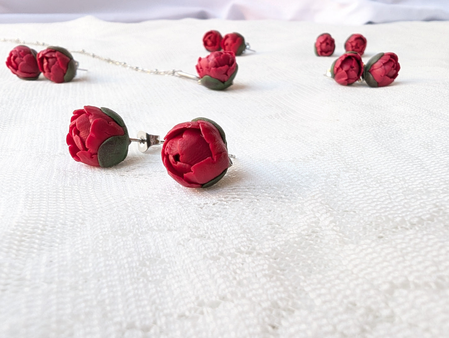 Handmade Red Peony Studs