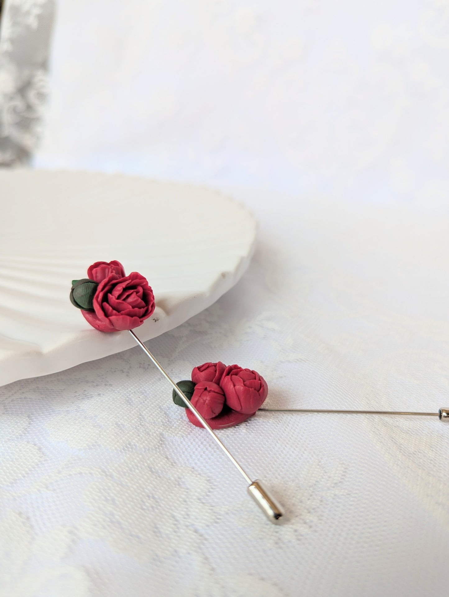 Handmade Polymer Clay Red Peony Brooch