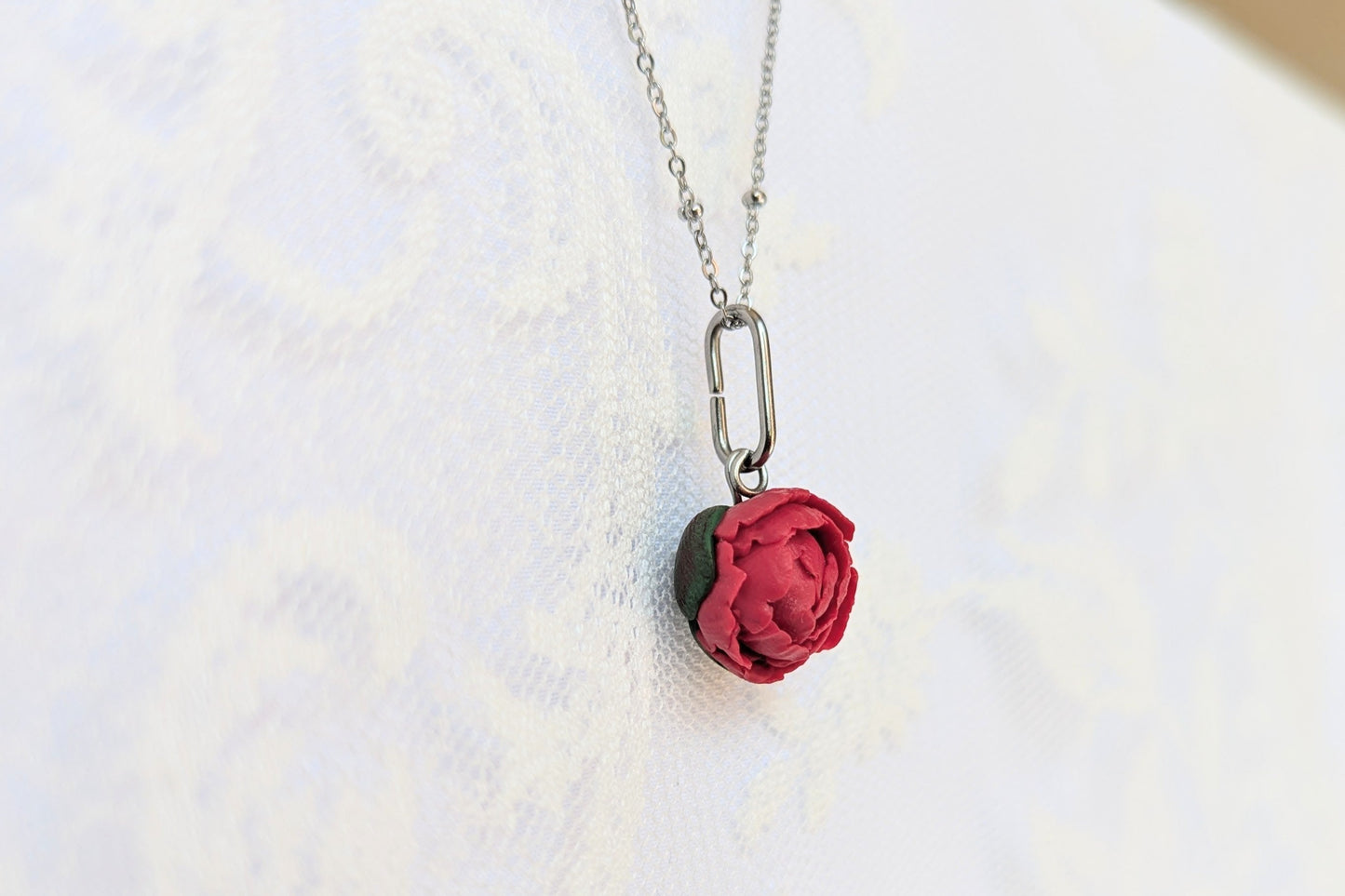Handmade Polymer Clay Peony Pendant