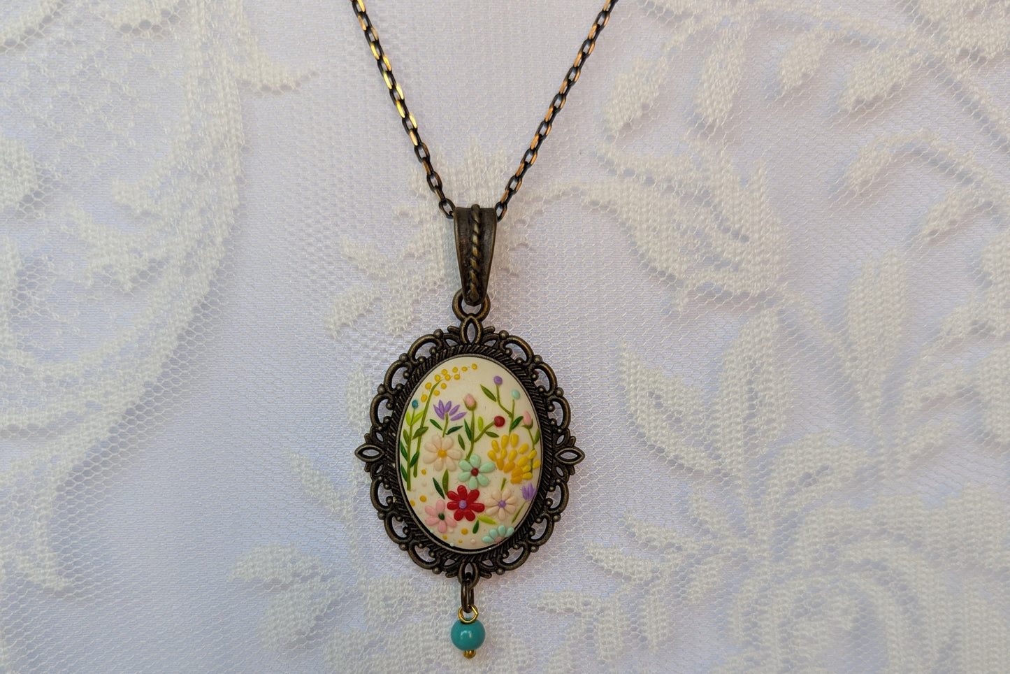 Handmade Polymer Clay White Floral Pendant