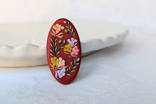 Handmade Polymer Clay Red Floral Oval Brooch