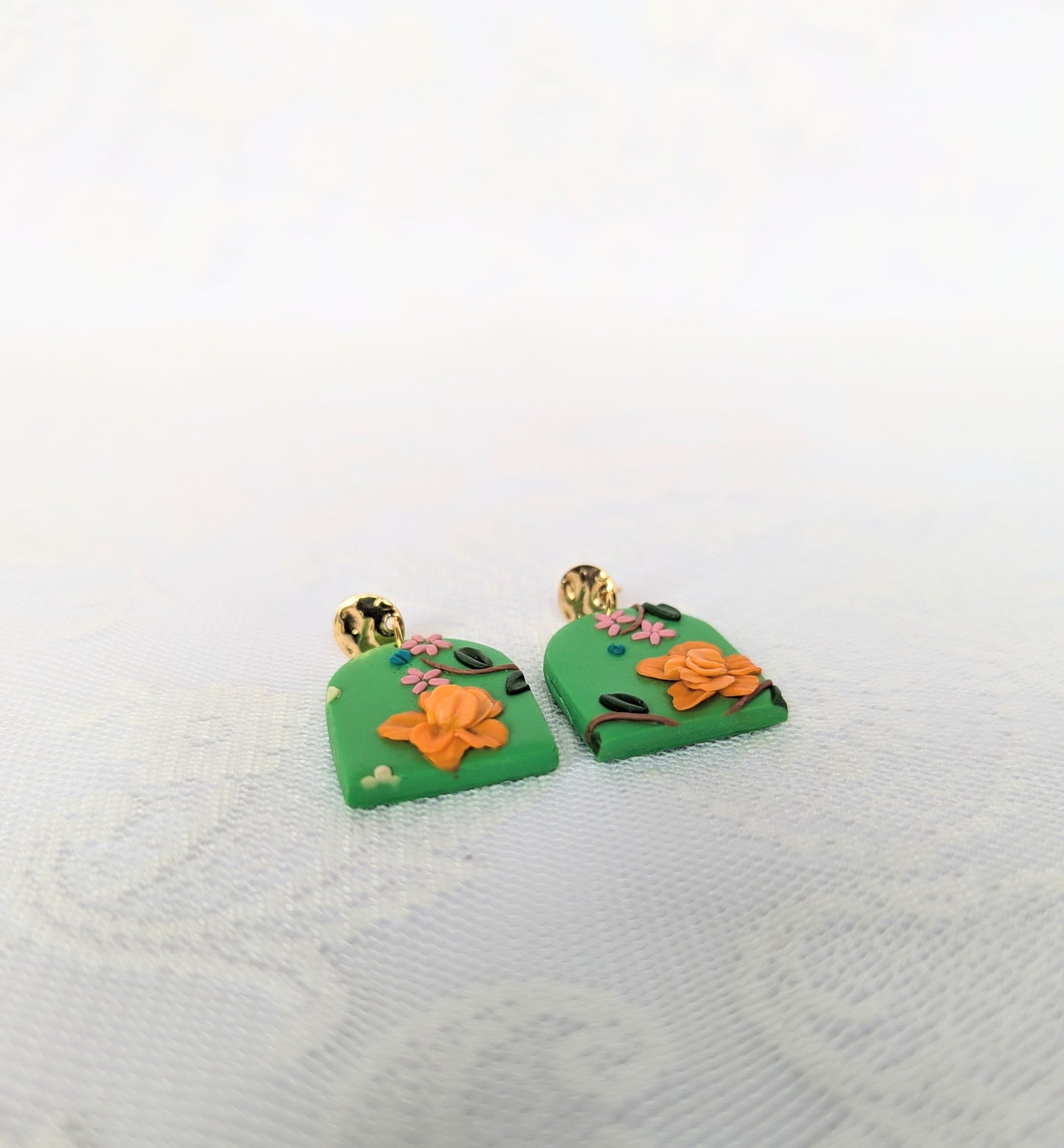 Handmade Floral Earrings on Green base with Orange flowers