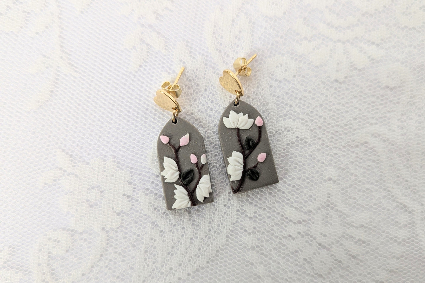 Handmade Floral Earrings on Grey base