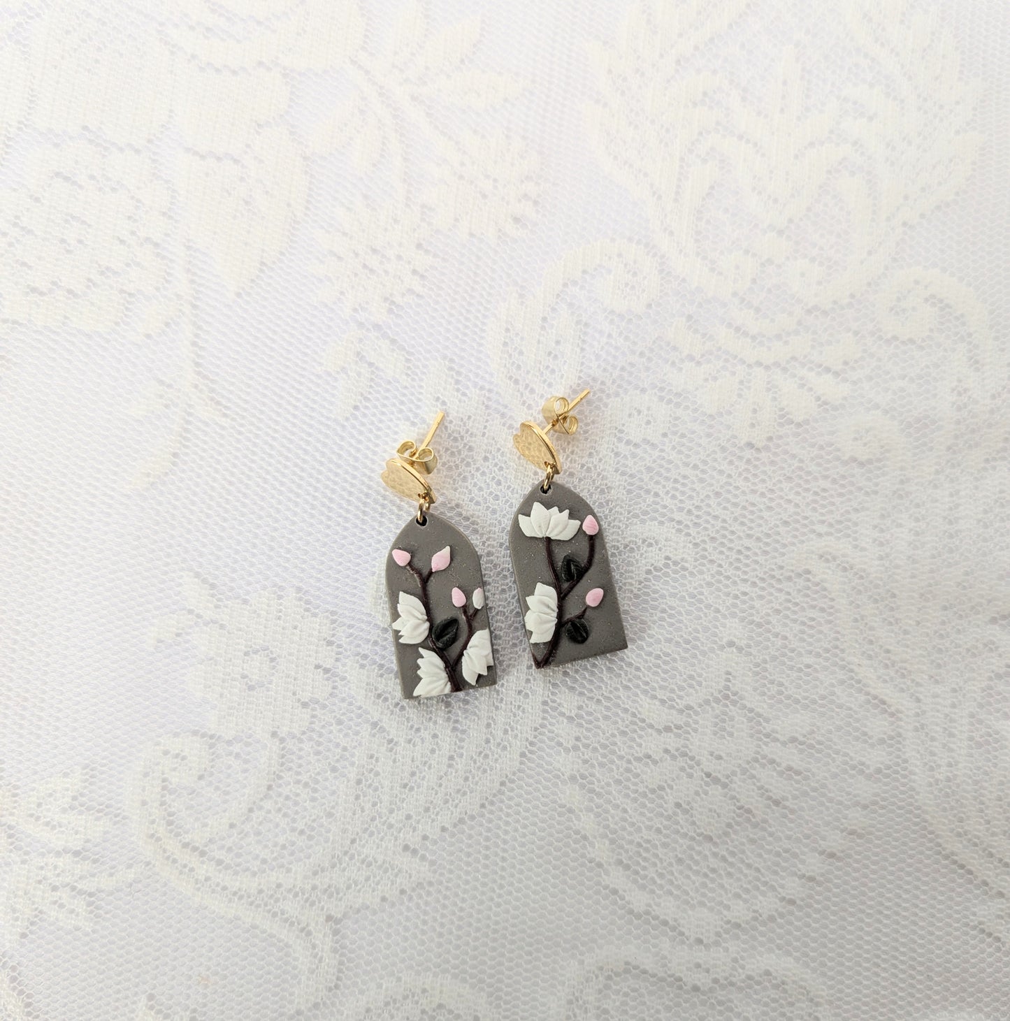 Handmade Floral Earrings on Grey base
