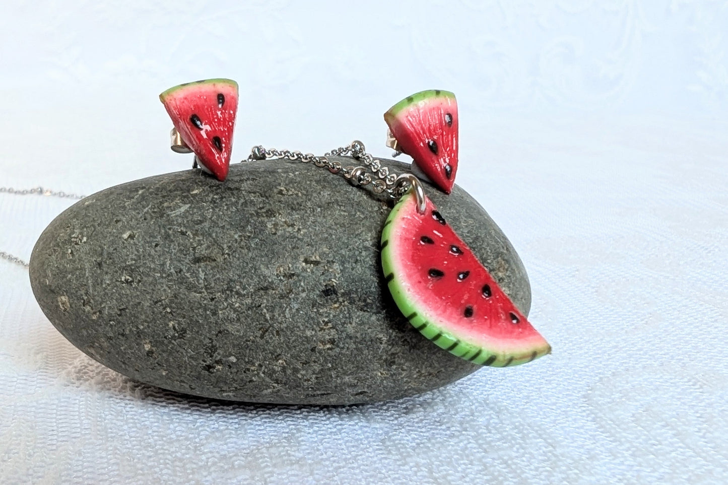 Handmade polymer clay Watermelon earrings and pendant