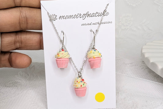 Pink Cupcake Necklace & Earrings Set | Cute Food Jewellery Gift for Her