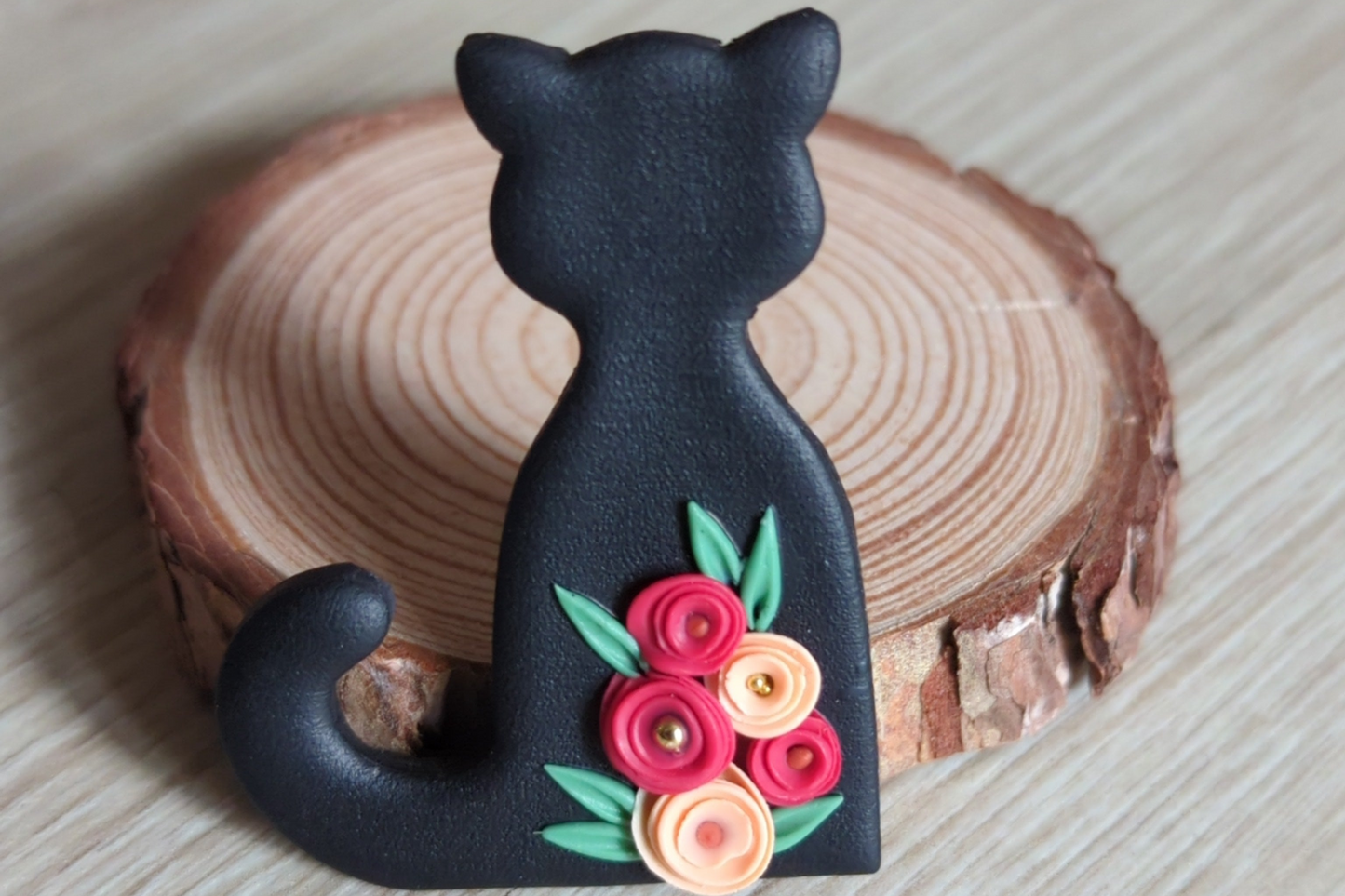 Handmade Cat brooch with floral design