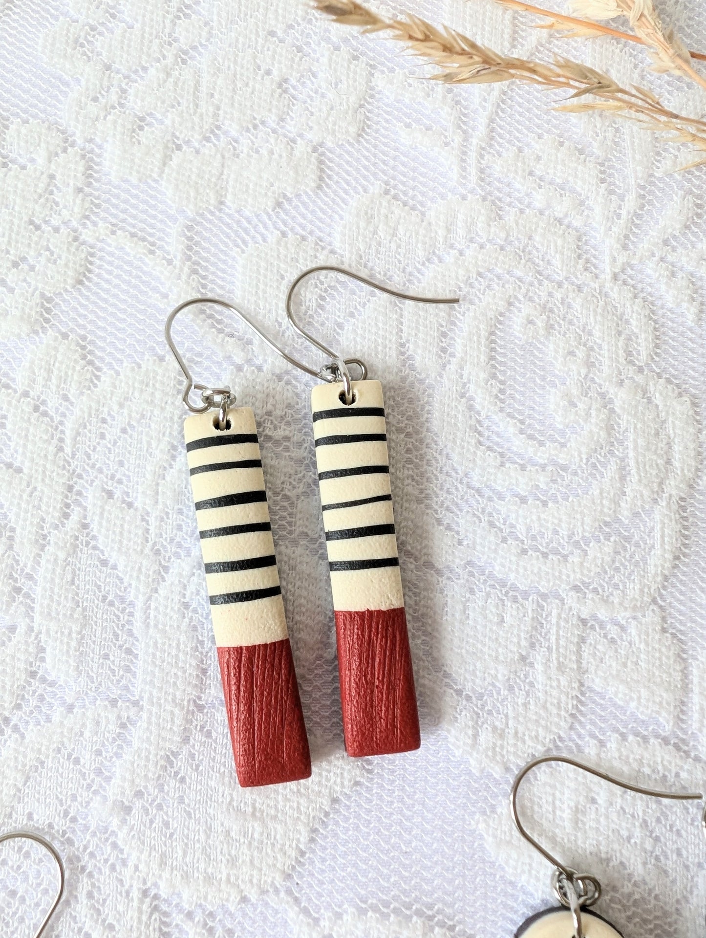 Cream, terracotta red and black statement earrings