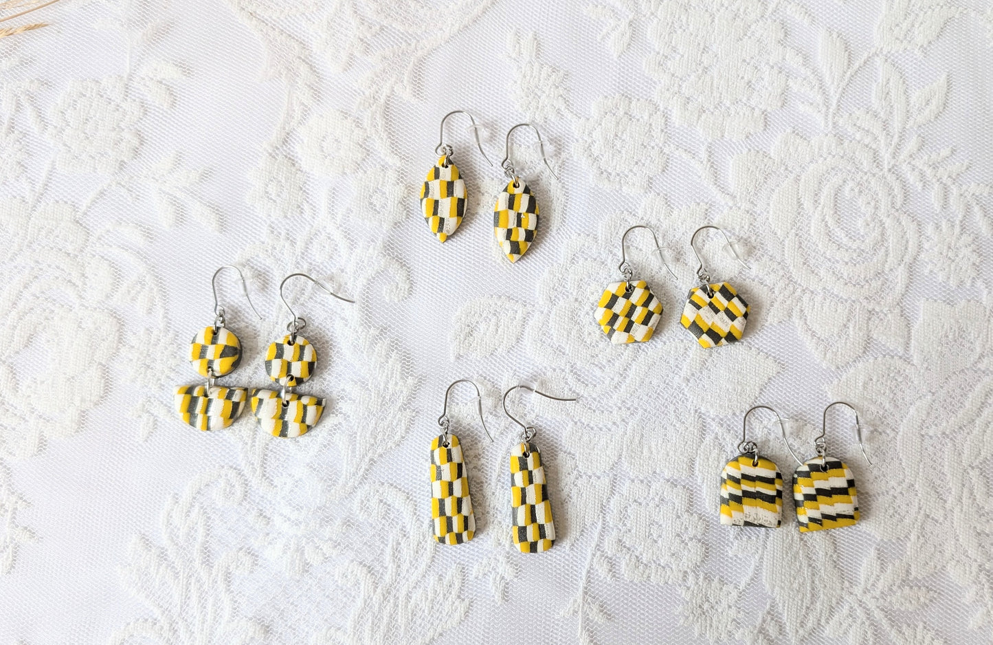 Handcrafted Yellow and Black Checkerboard Polymer Clay Earrings