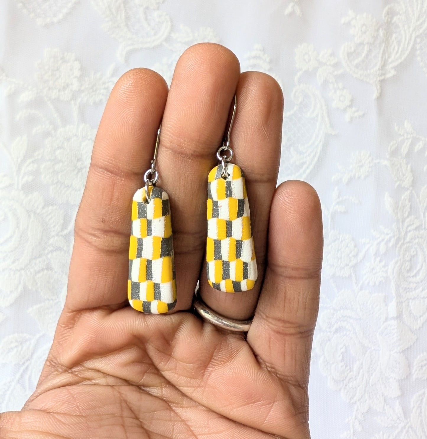 Handcrafted Yellow and Black Checkerboard Polymer Clay Earrings