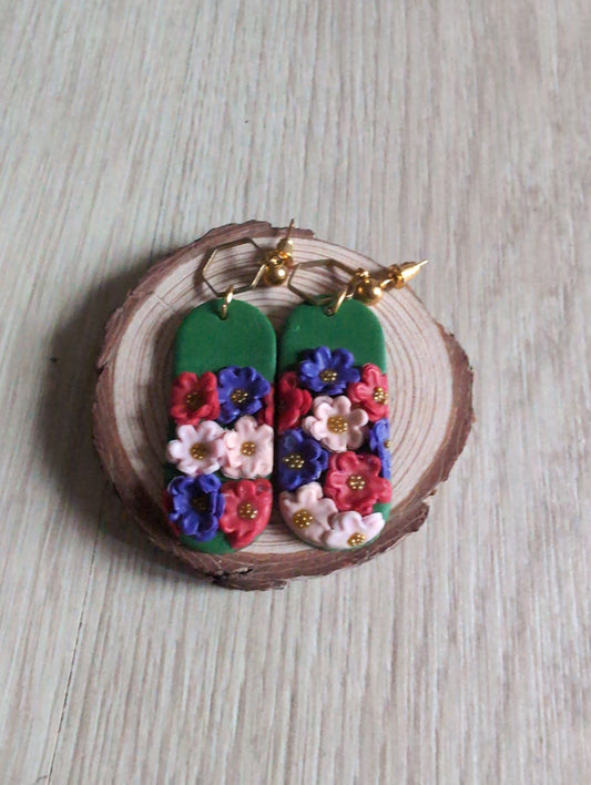 "Flower Burst" Oval Clay Earrings | Bold Multi-Color Blooms