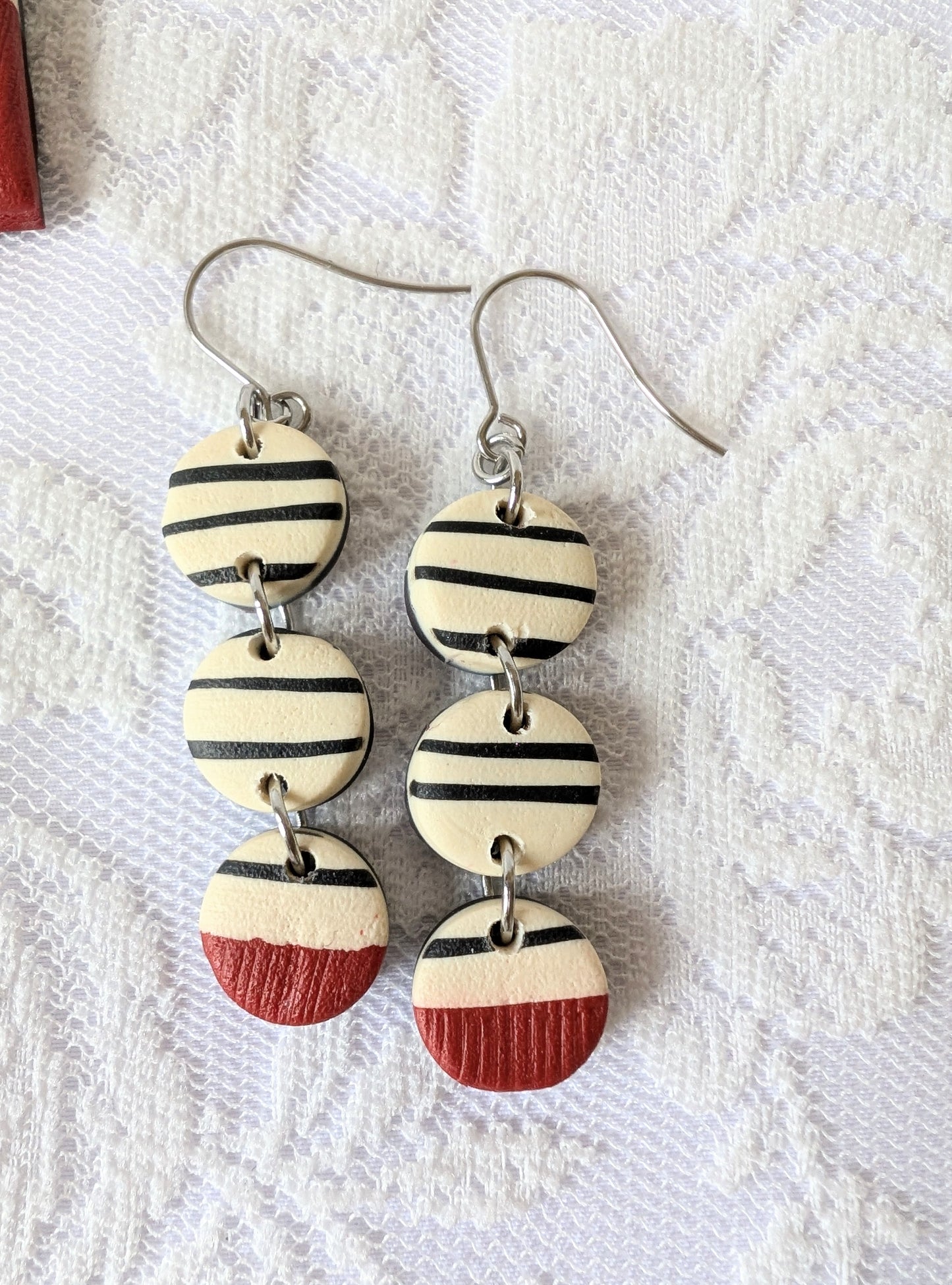 Cream, terracotta red and black statement earrings