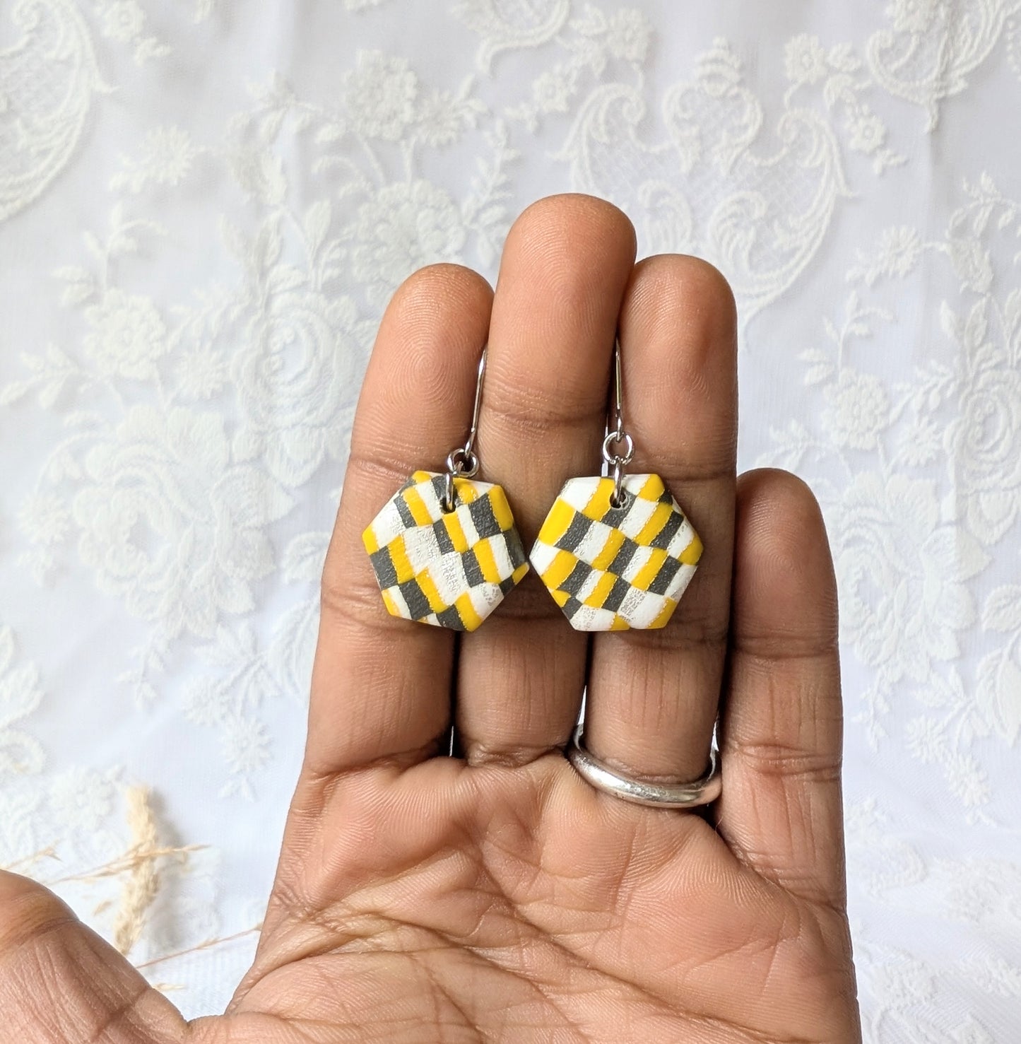 Handcrafted Yellow and Black Checkerboard Polymer Clay Earrings