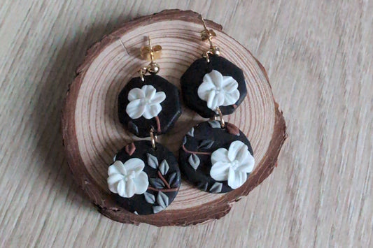 Elegant Black & White Floral Dangle Earrings