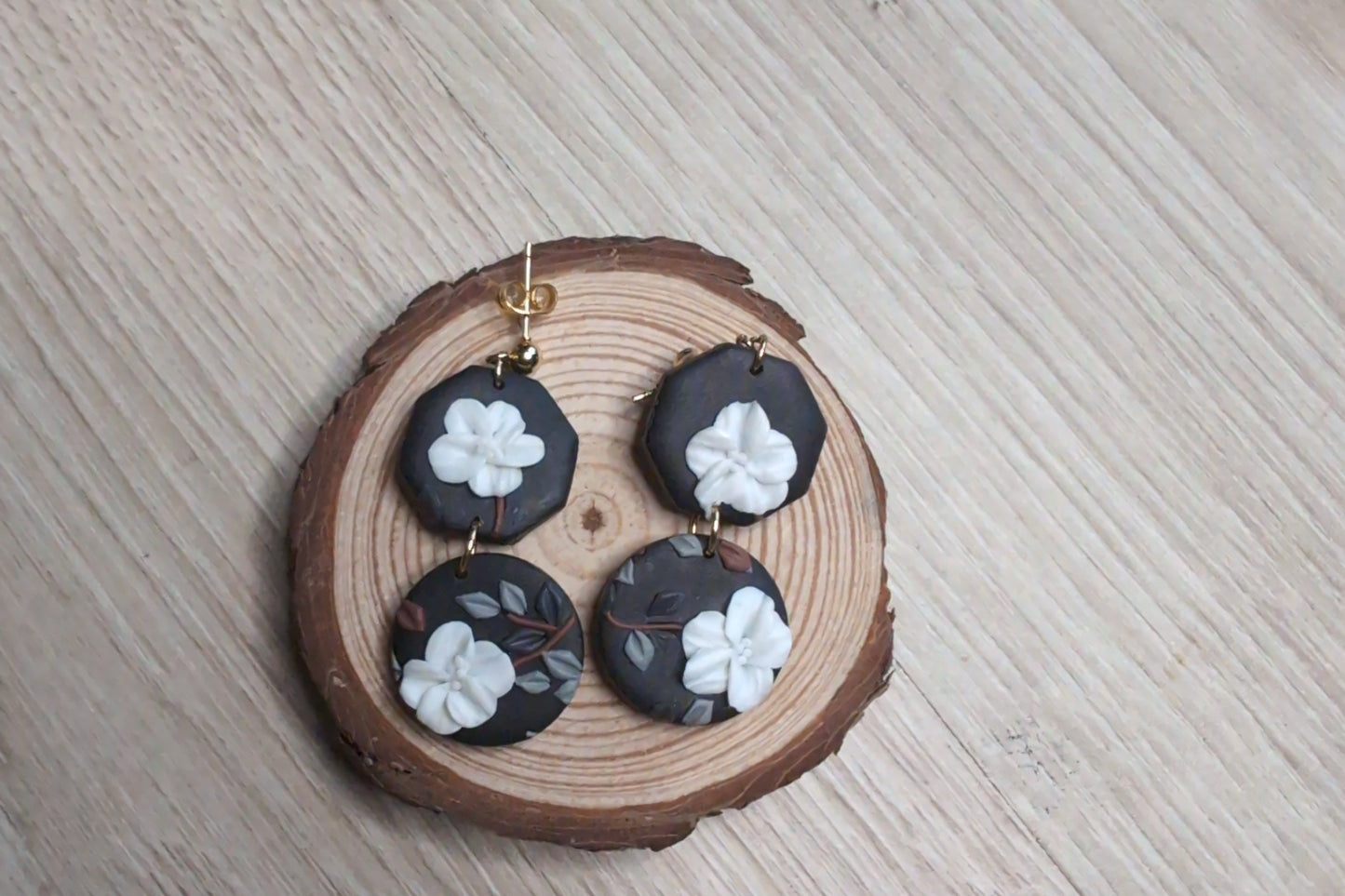 Elegant Black & White Floral Dangle Earrings