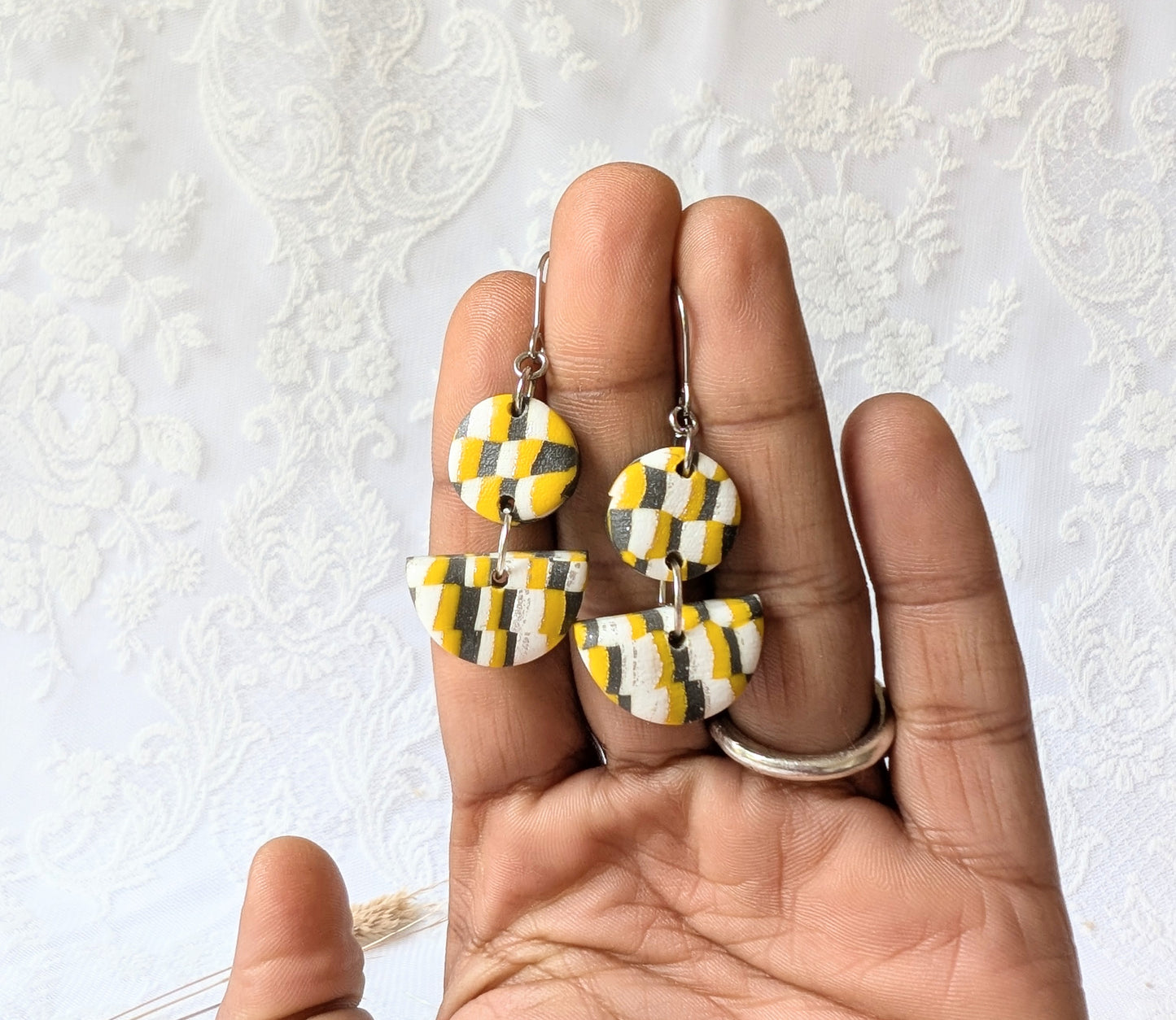 Handcrafted Yellow and Black Checkerboard Polymer Clay Earrings