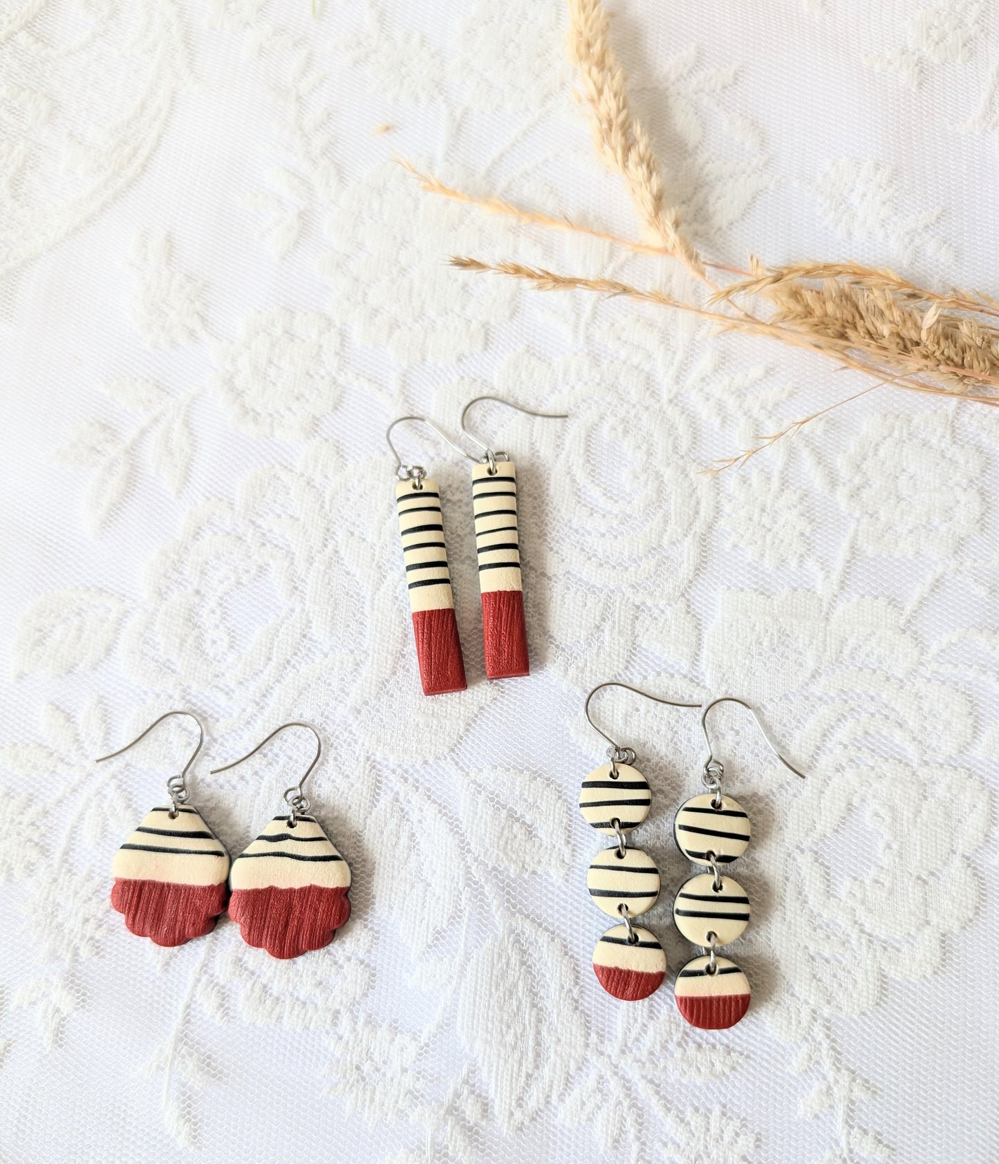 Cream, terracotta red and black statement earrings