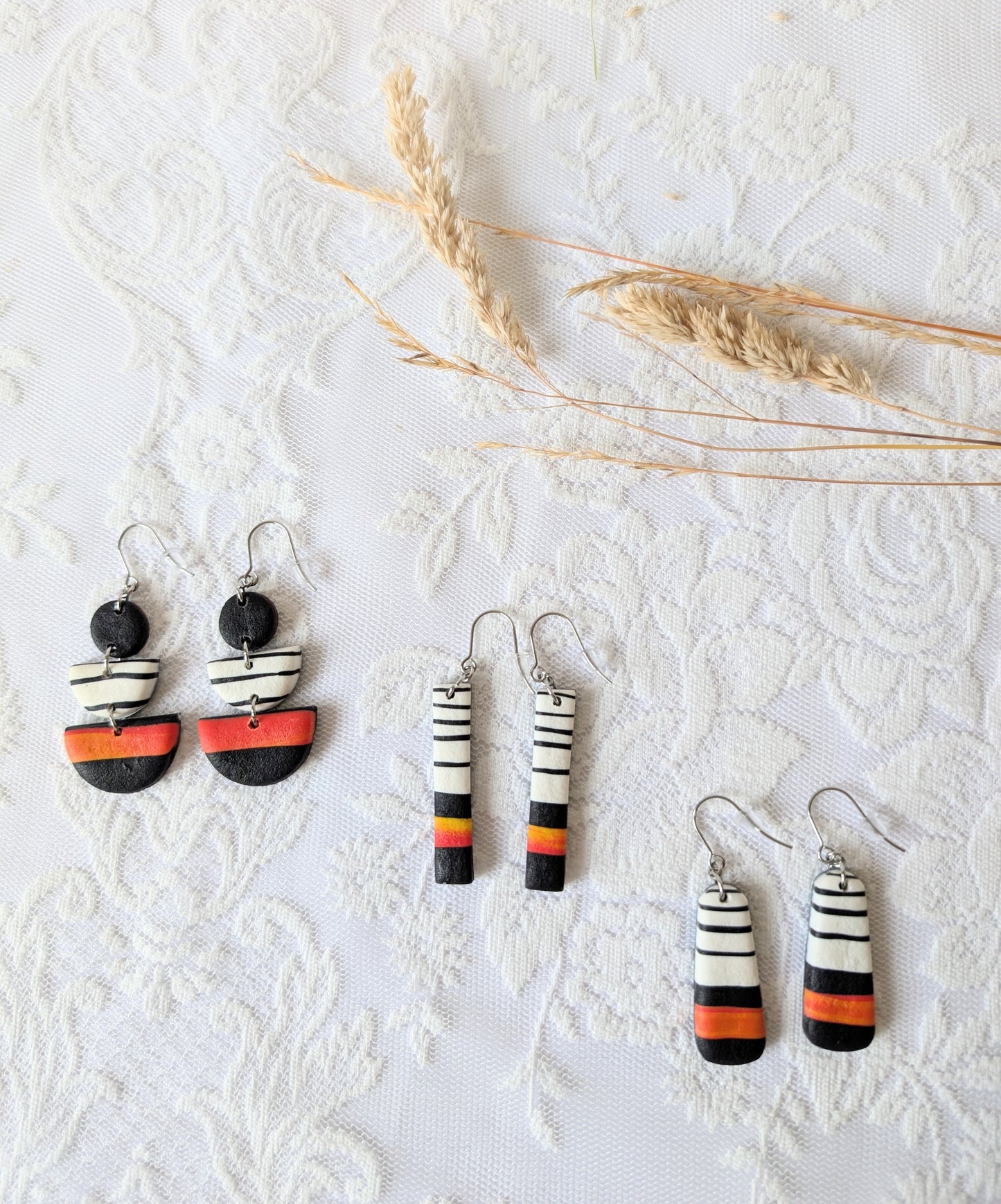 Black white and Orange Statement earrings