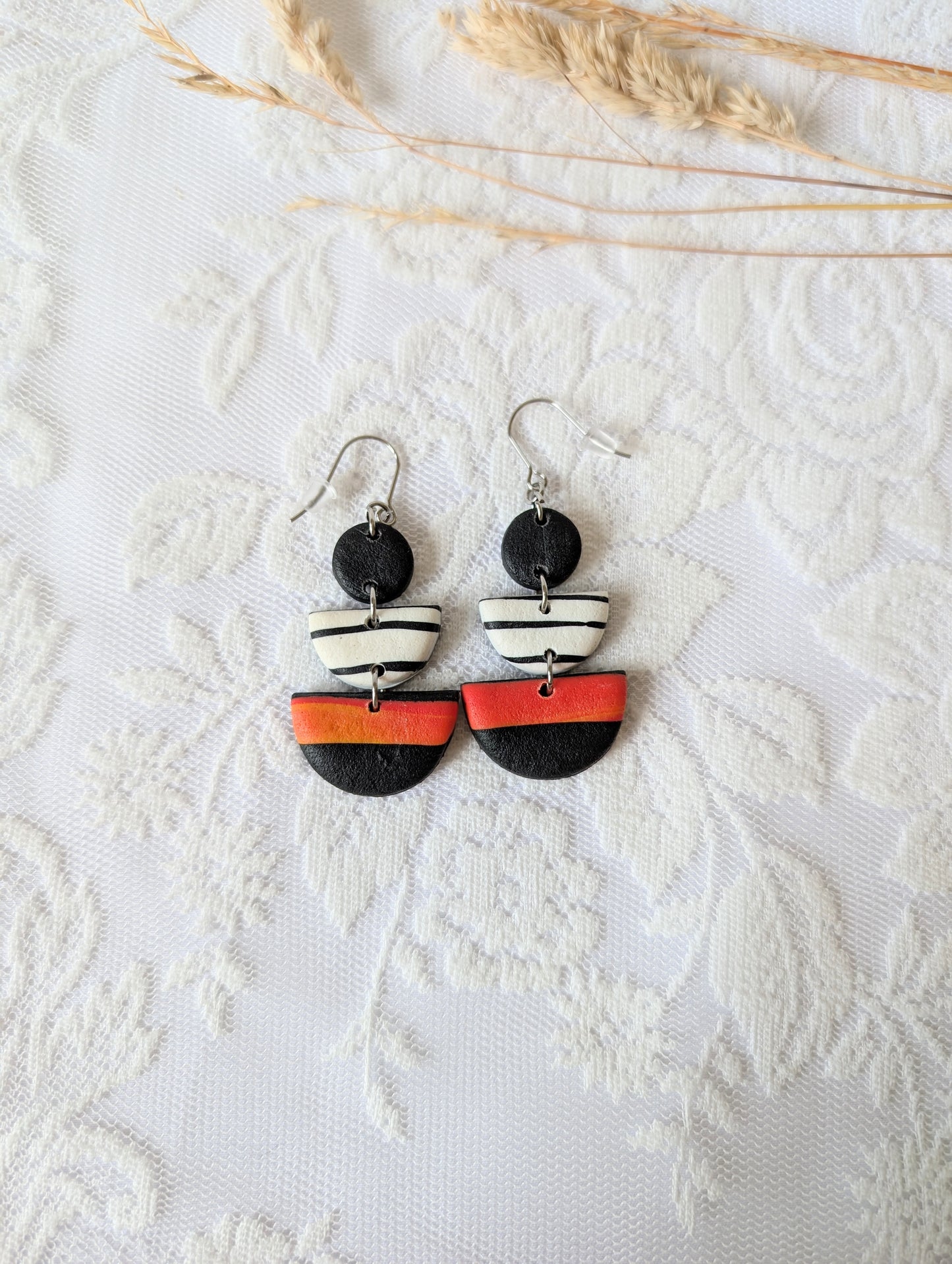 Black white and Orange Statement earrings